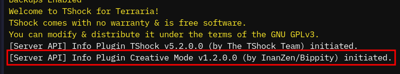 Panel console showing the plugins loaded